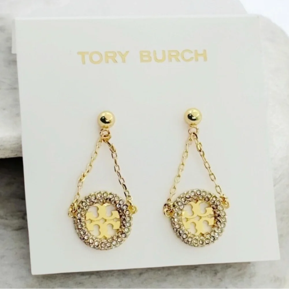 New Tory Burch Miller pavé Gold drop earrings on TB Earring Card